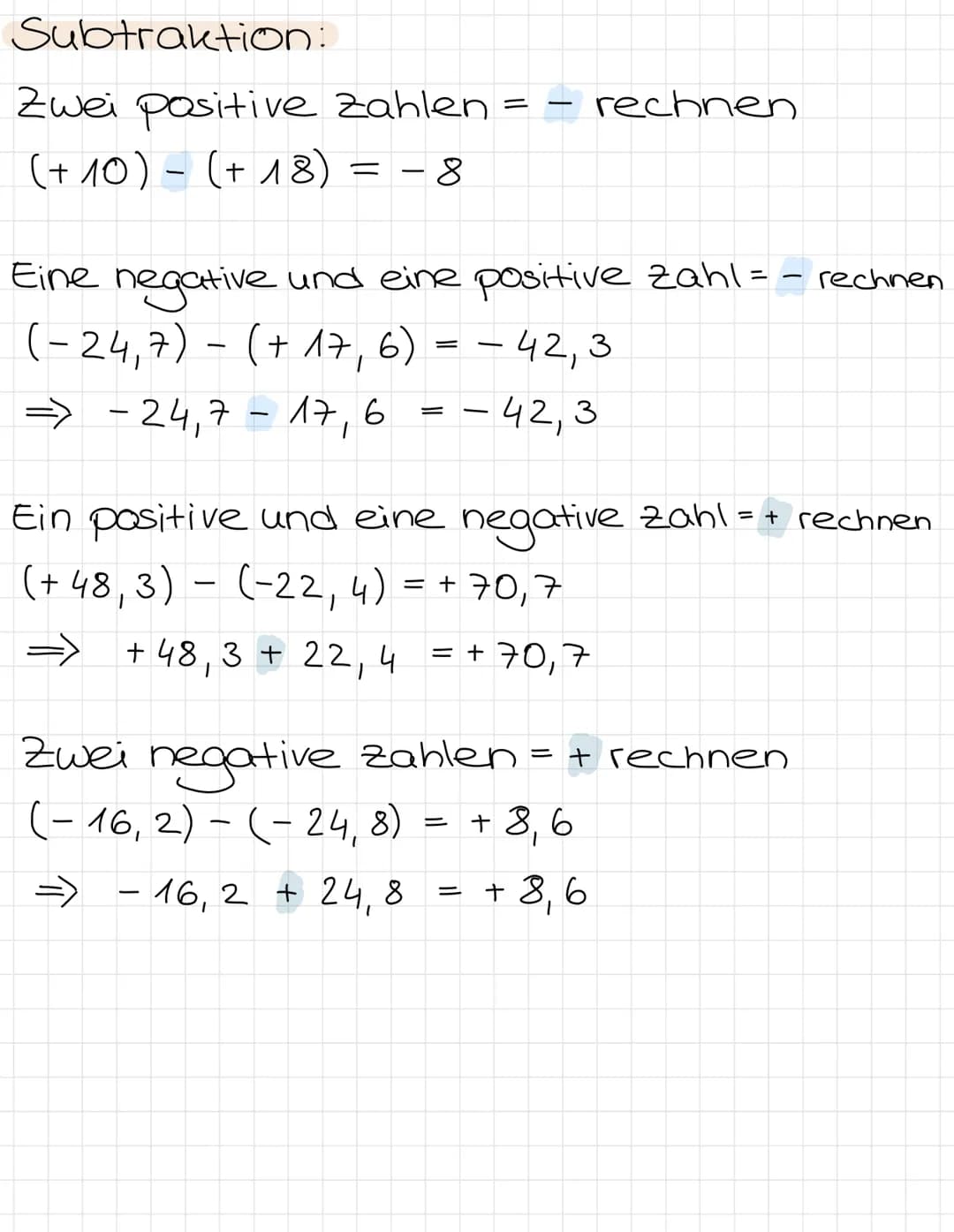 Addition:
Rationale Zahlen
Zwei positive Zahlen = + rechnen
(+ 13,5) + (+25,7) = +39, 2
Ein positive und eine negative zahl=
(+ 32, 5) + (-1