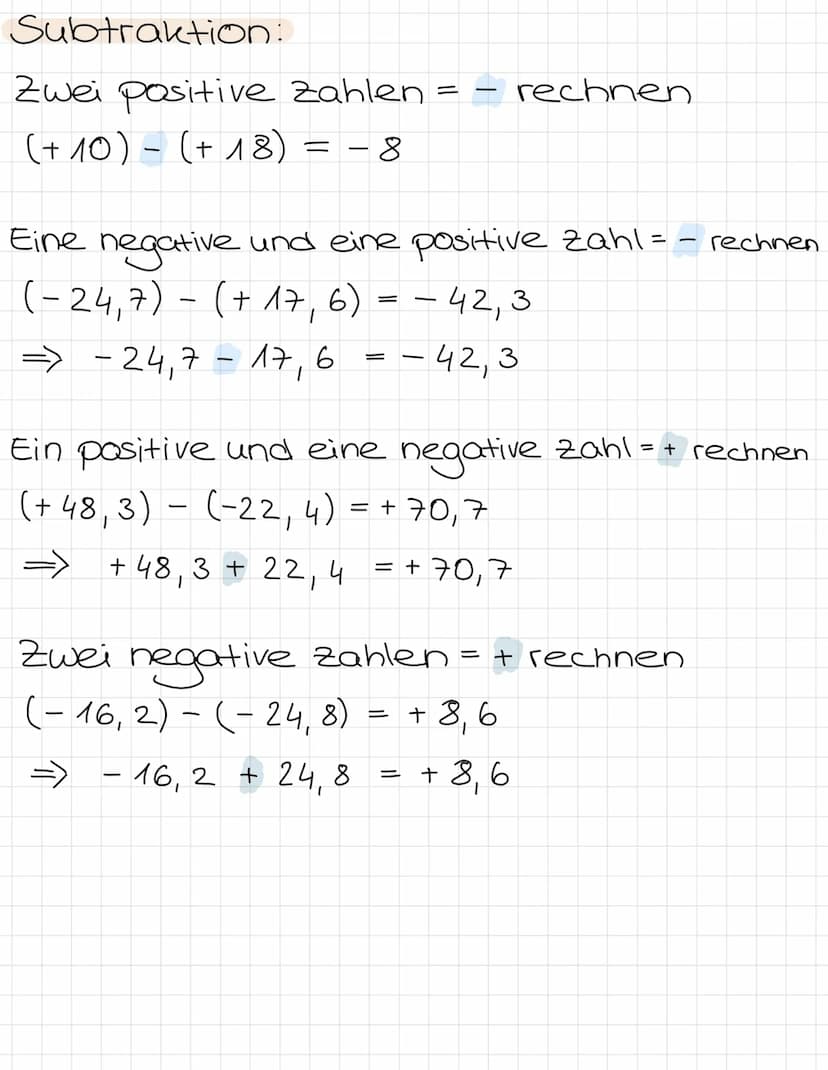 Addition:
Rationale Zahlen
Zwei positive Zahlen = + rechnen
(+ 13,5) + (+25,7) = +39, 2
Ein positive und eine negative zahl=
(+ 32, 5) + (-1