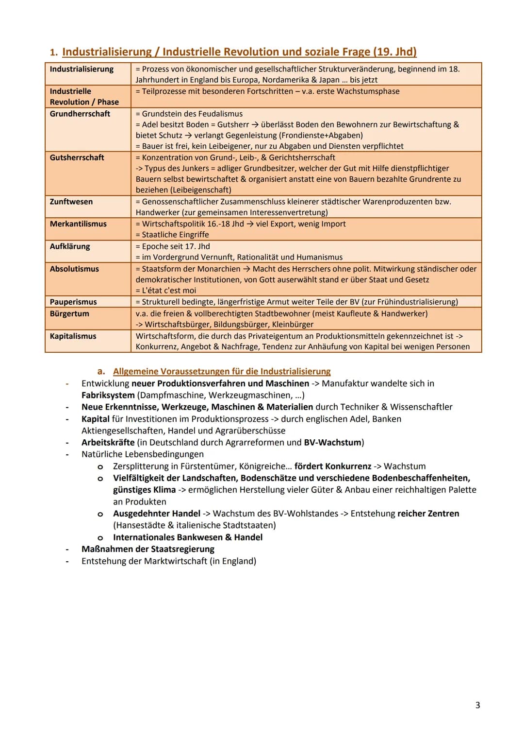 Zusammenfassung Geschichte
1. Industrialisierung / Industrielle Revolution und soziale Frage (19. Jhd)
a. Allgemeine Voraussetzungen für die