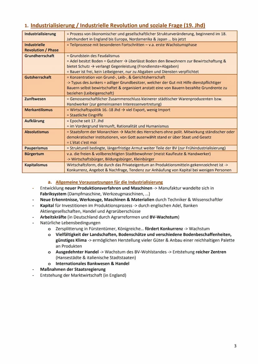 Zusammenfassung Geschichte
1. Industrialisierung / Industrielle Revolution und soziale Frage (19. Jhd)
a. Allgemeine Voraussetzungen für die