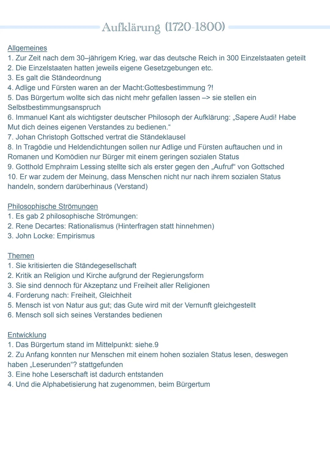 Sana
S2 (2022) Zusammenfassung
●
Epochen in Stichpunkten
• Aufklärung
• Sturm und Drang
• Klassik
• Romantik
Vormärz
Realismus
Naturalismus
