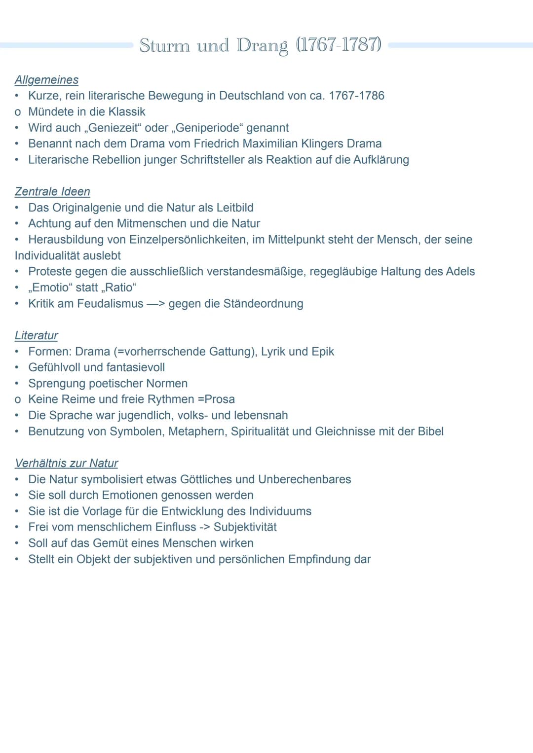 Sana
S2 (2022) Zusammenfassung
●
Epochen in Stichpunkten
• Aufklärung
• Sturm und Drang
• Klassik
• Romantik
Vormärz
Realismus
Naturalismus
