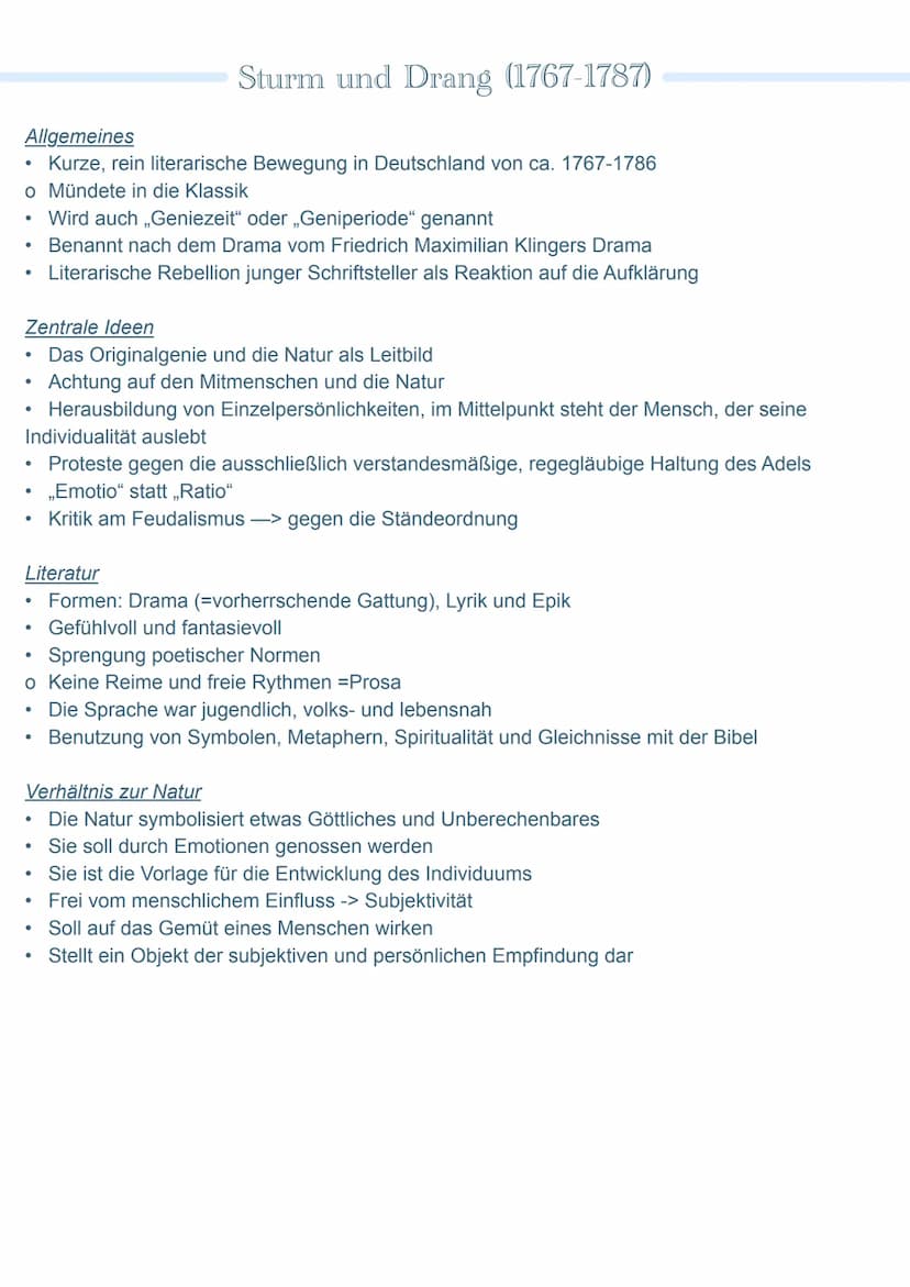 Sana
S2 (2022) Zusammenfassung
●
Epochen in Stichpunkten
• Aufklärung
• Sturm und Drang
• Klassik
• Romantik
Vormärz
Realismus
Naturalismus
