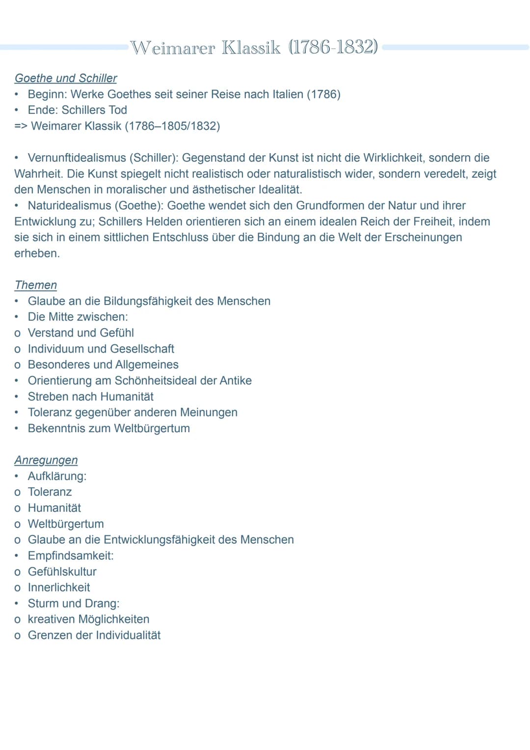 Sana
S2 (2022) Zusammenfassung
●
Epochen in Stichpunkten
• Aufklärung
• Sturm und Drang
• Klassik
• Romantik
Vormärz
Realismus
Naturalismus
