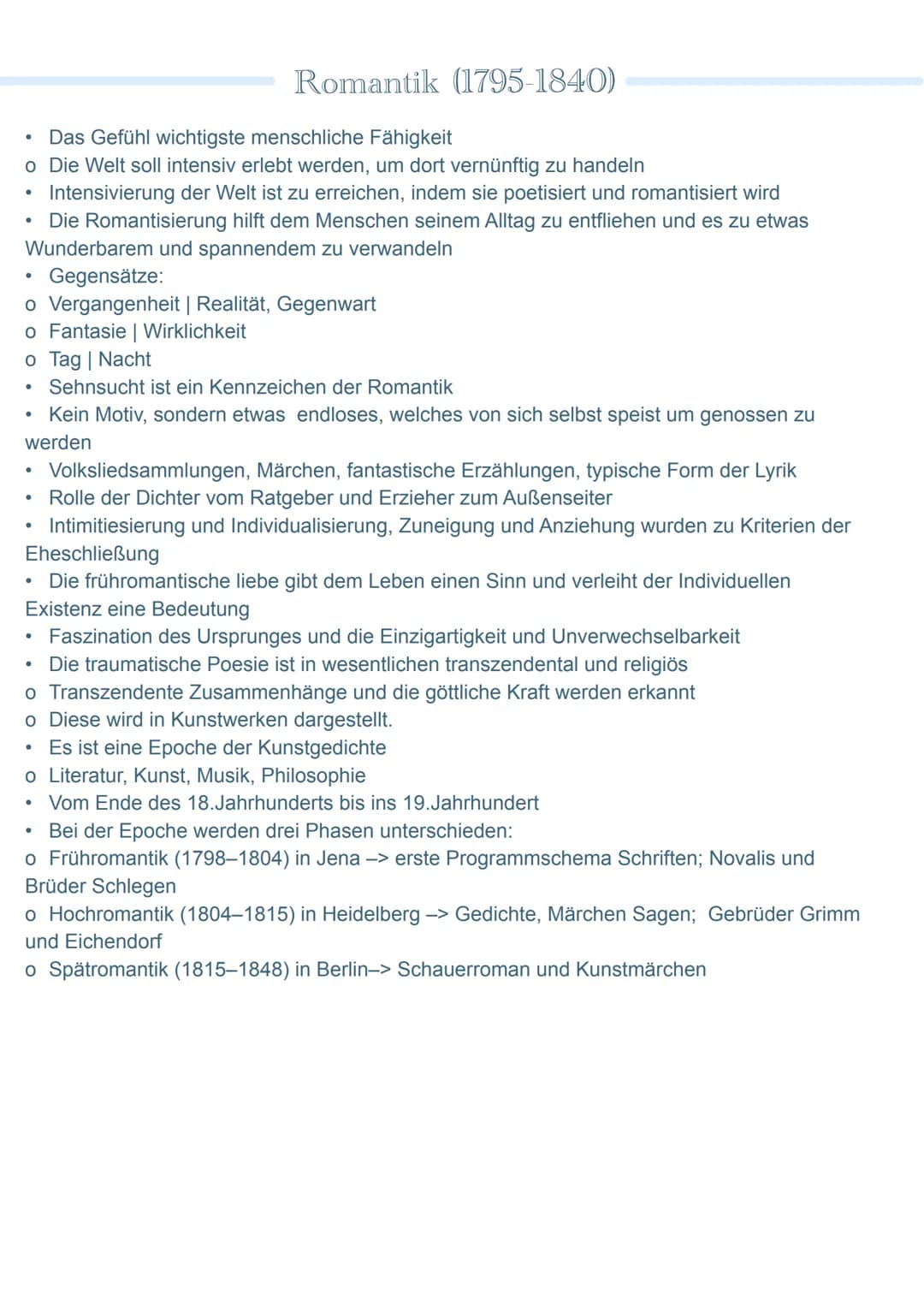 Sana
S2 (2022) Zusammenfassung
●
Epochen in Stichpunkten
• Aufklärung
• Sturm und Drang
• Klassik
• Romantik
Vormärz
Realismus
Naturalismus
