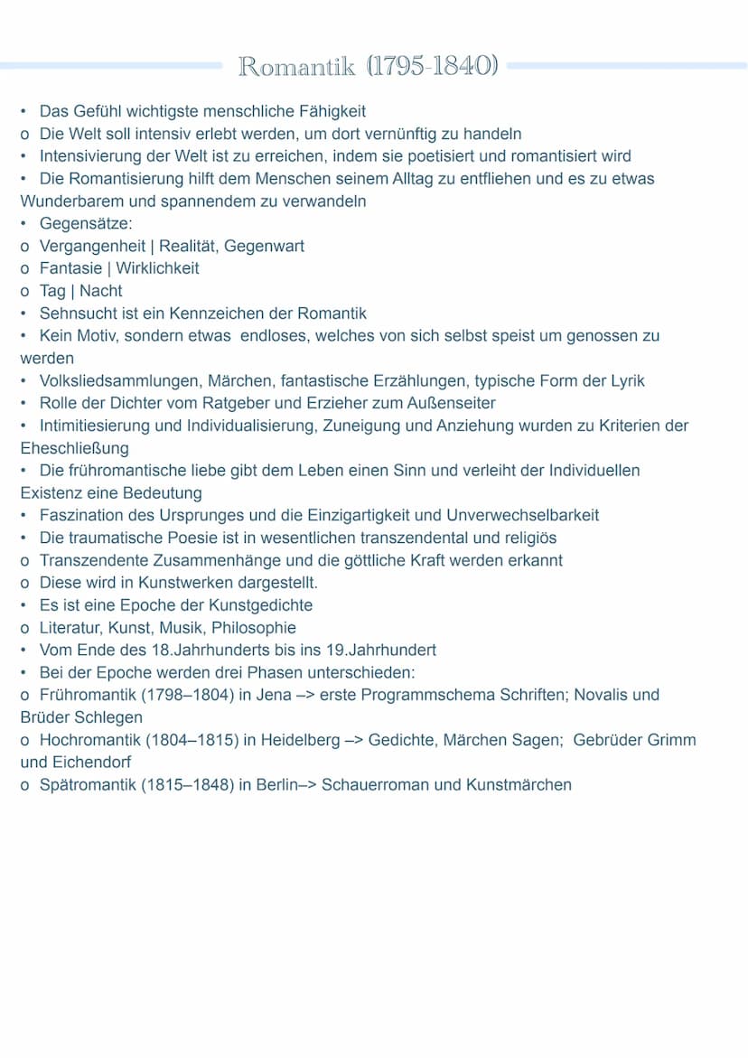 Sana
S2 (2022) Zusammenfassung
●
Epochen in Stichpunkten
• Aufklärung
• Sturm und Drang
• Klassik
• Romantik
Vormärz
Realismus
Naturalismus

