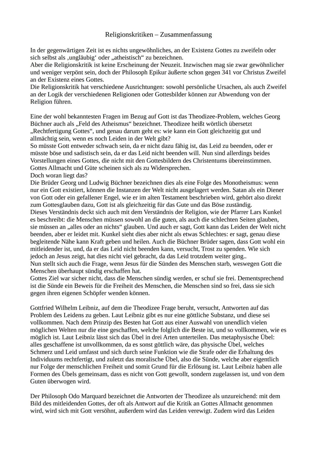 Religionskritiken - Zusammenfassung
In der gegenwärtigen Zeit ist es nichts ungewöhnliches, an der Existenz Gottes zu zweifeln oder
sich sel