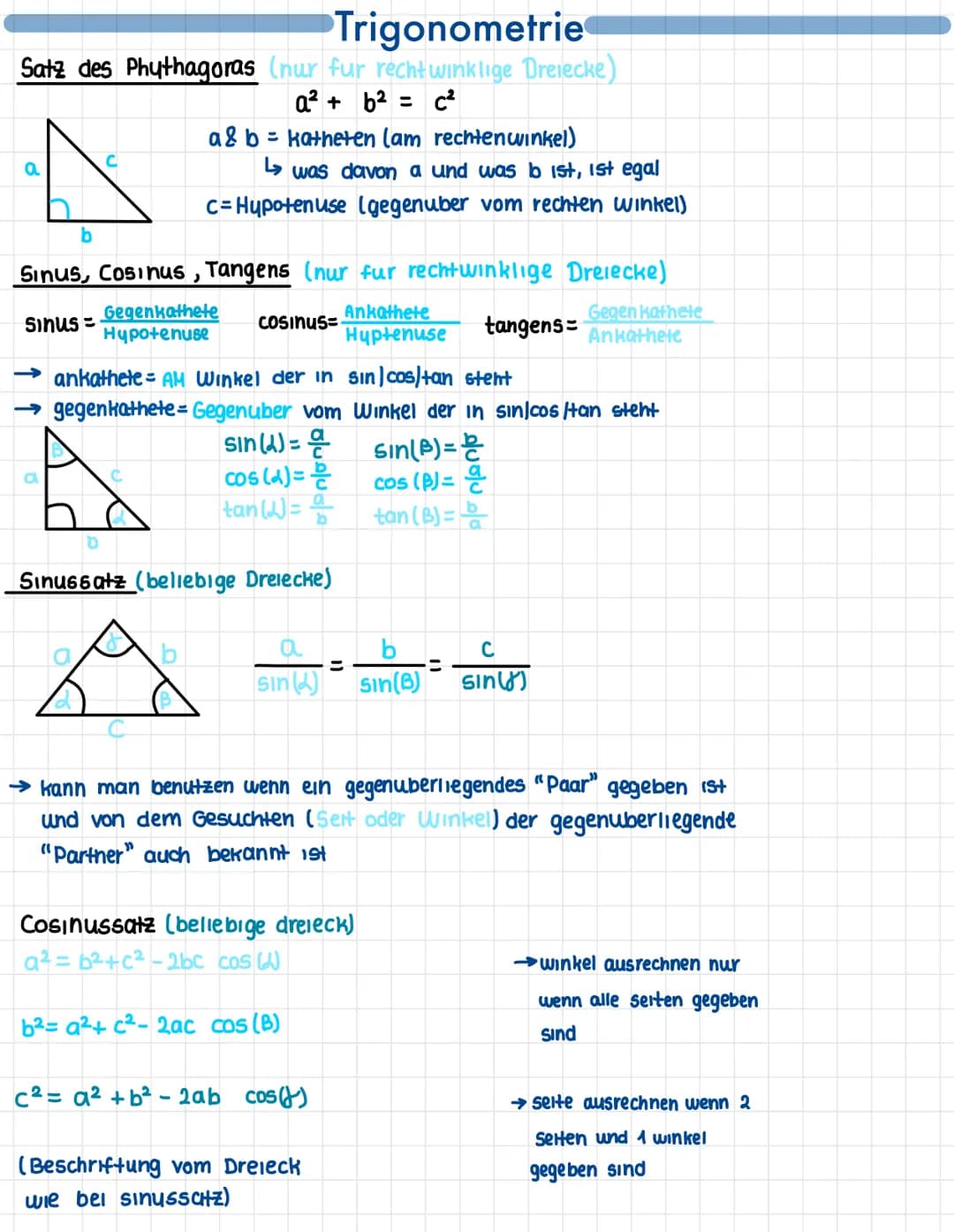 Trigonometrie
Satz des Phythagoras (nur fur rechtwinklige Dreiecke)
a² + b² = c²2
a
a&b= katheten (am rechtenwinkel)
↳ was davon a und was b
