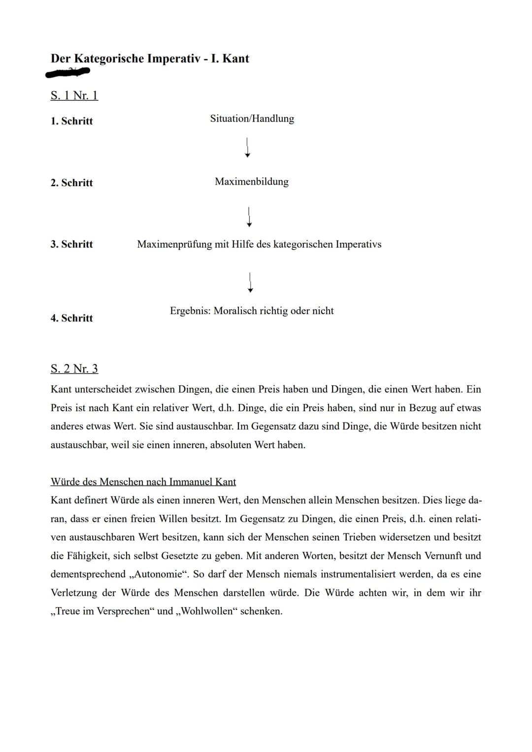 Der Kategorische Imperativ - I. Kant
S. 1 Nr. 1
1. Schritt
2. Schritt
3. Schritt
4. Schritt
Situation/Handlung
Maximenbildung
Į
Maximenprüfu