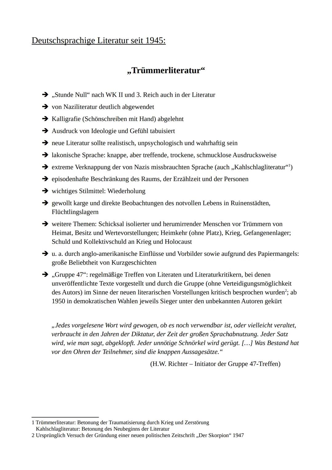 # Deutschsprachige Literatur seit 1945:

## „Trümmerliteratur“

→ „Stunde Null" nach WK II und 3. Reich auch in der Literatur

→ von Nazilit