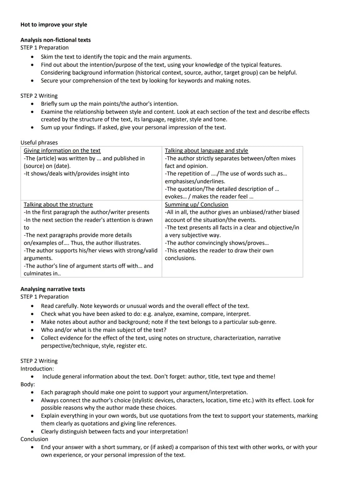 Hot to improve your style
Analysis non-fictional texts
STEP 1 Preparation
●
STEP 2 Writing
●
●
●
Useful phrases
Giving information on the te