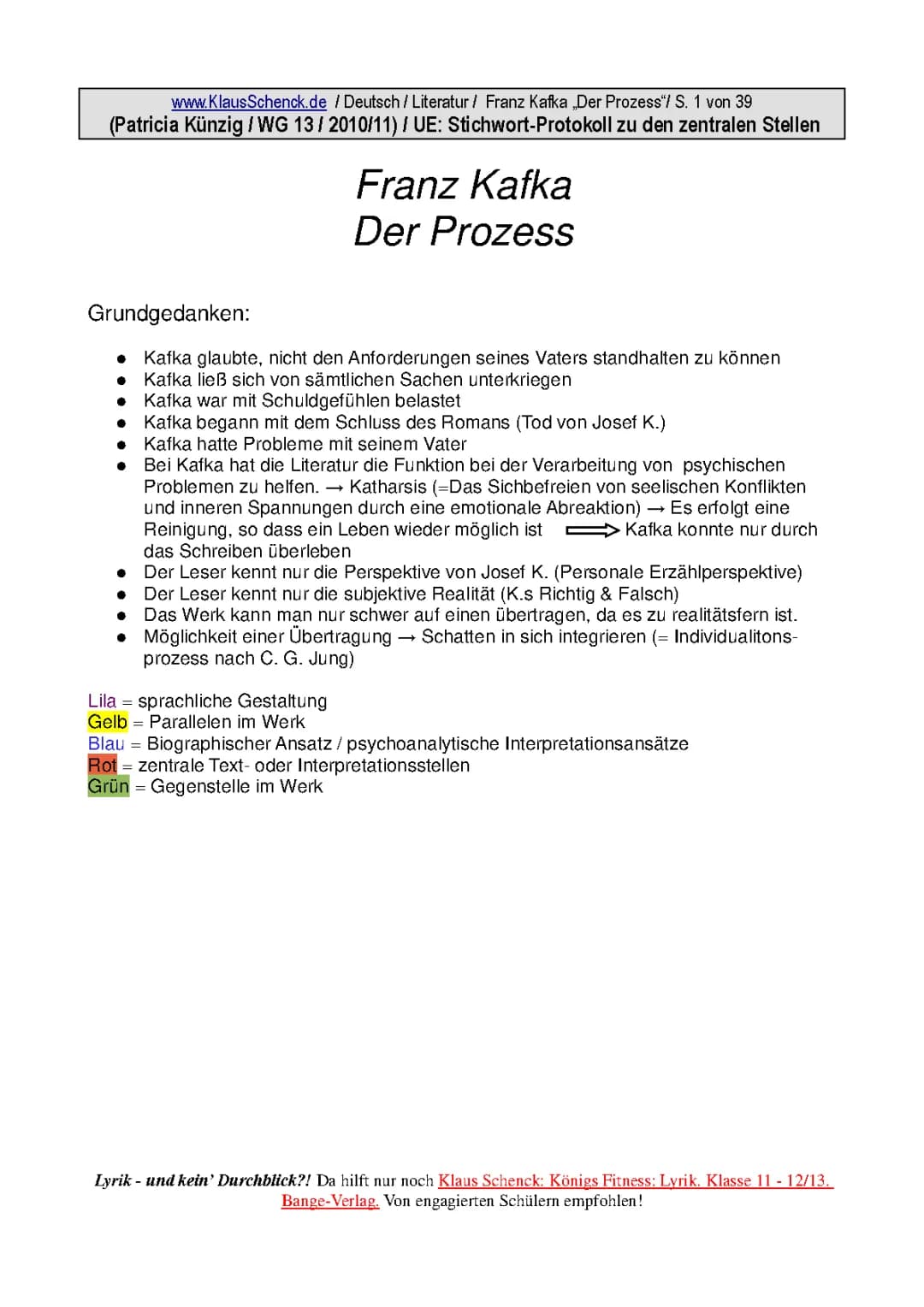 "Prozess" / Kafka: Stichwort-Protokoll der gesamten Interpretation