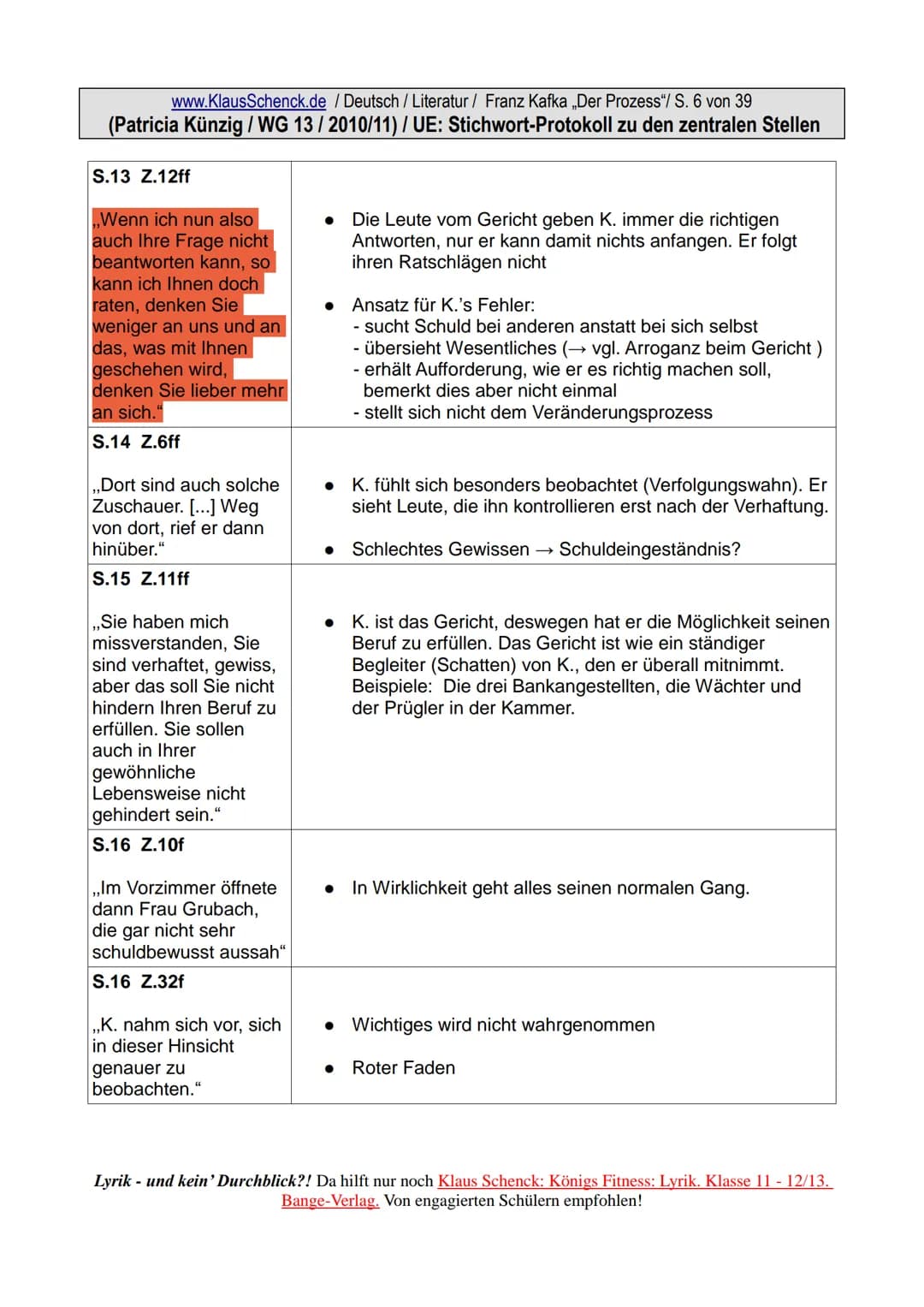 www.KlausSchenck.de / Deutsch / Literatur / Franz Kafka „Der Prozess"/ S. 1 von 39
(Patricia Künzig / WG 13/2010/11) / UE: Stichwort-Protoko