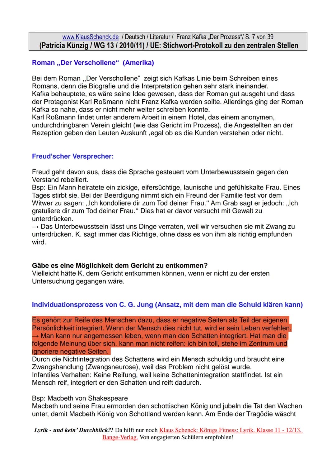 www.KlausSchenck.de / Deutsch / Literatur / Franz Kafka „Der Prozess"/ S. 1 von 39
(Patricia Künzig / WG 13/2010/11) / UE: Stichwort-Protoko