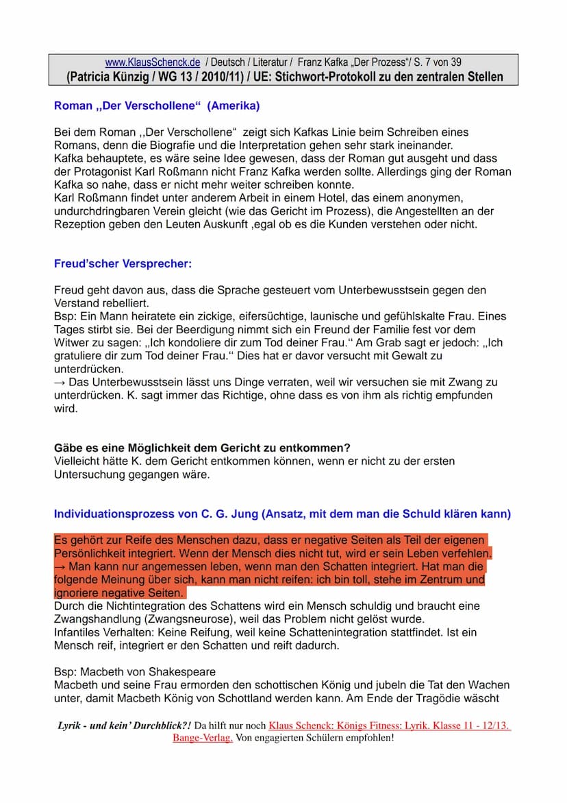 www.KlausSchenck.de / Deutsch / Literatur / Franz Kafka „Der Prozess"/ S. 1 von 39
(Patricia Künzig / WG 13/2010/11) / UE: Stichwort-Protoko