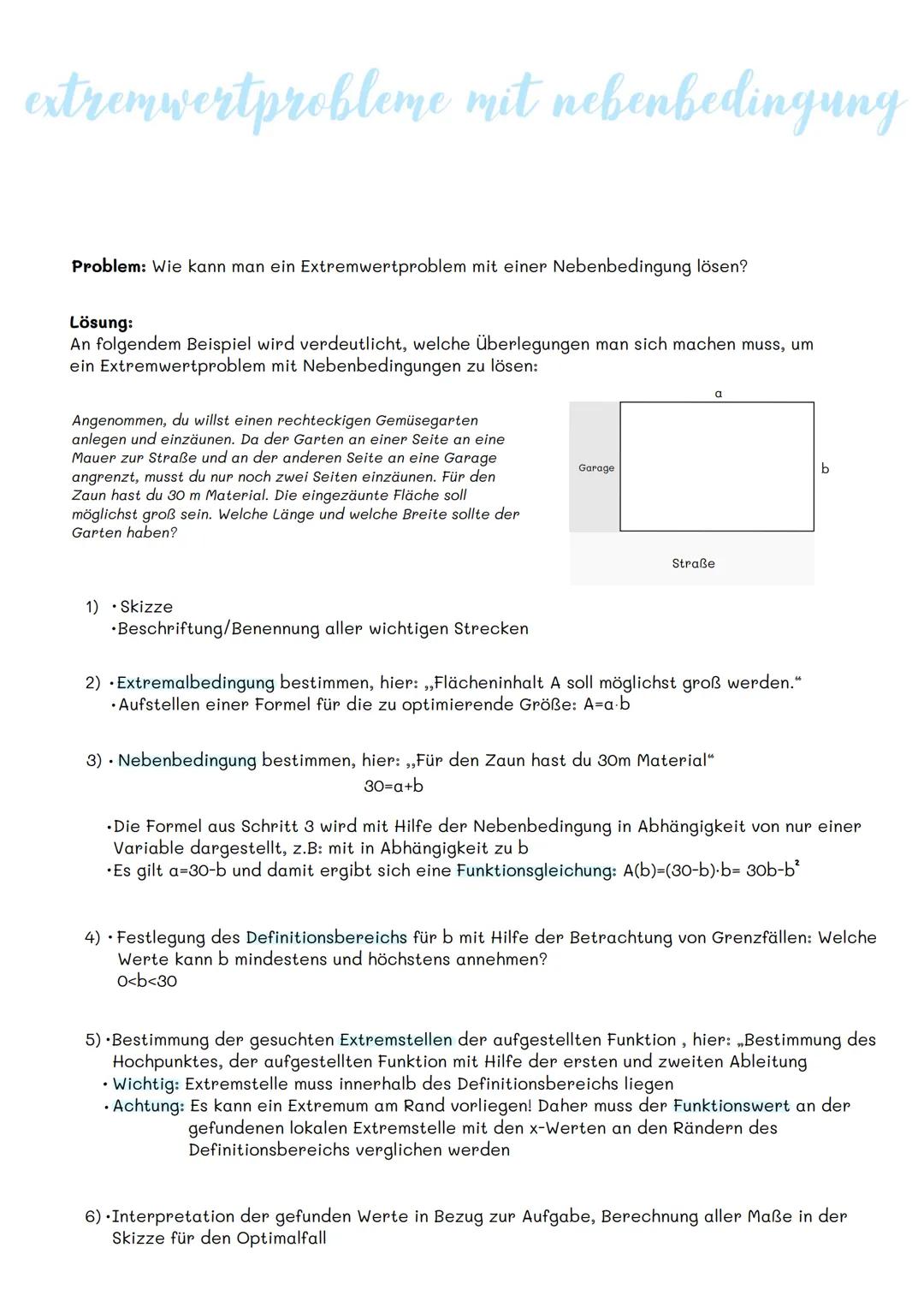 extremwertprobleme mit nebenbedingung
Problem: Wie kann man ein Extremwert problem mit einer Nebenbedingung lösen?
Lösung:
An folgendem Beis