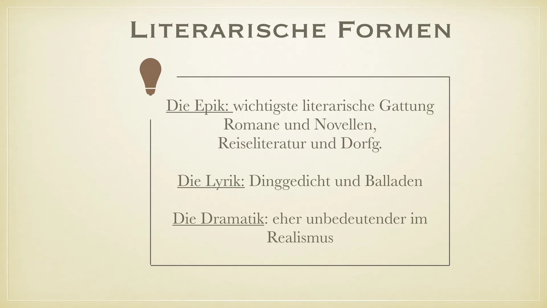 REALISMUS
ÜBER DIE LITERARISCHE EPOCHE ●
Begriffserklärung
• Geschichtlicher & philosphischer Hintergrund
●
●
●
●
●
GLIEDERUNG
●
Autoren & W