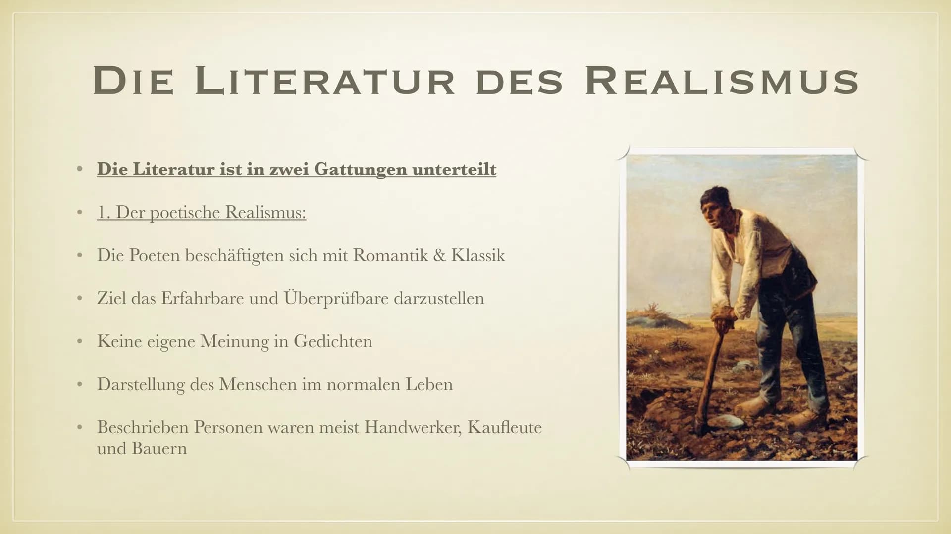 REALISMUS
ÜBER DIE LITERARISCHE EPOCHE ●
Begriffserklärung
• Geschichtlicher & philosphischer Hintergrund
●
●
●
●
●
GLIEDERUNG
●
Autoren & W