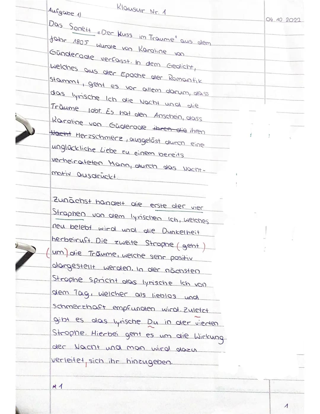 Klausur Nr. 1 (zweistündig)
1. Gedicht interpretieren. (70%)
2. Zuordnung in die Epoche Romantik. (30%)
Gedicht:
Es hat ein Kuss mir Leben e