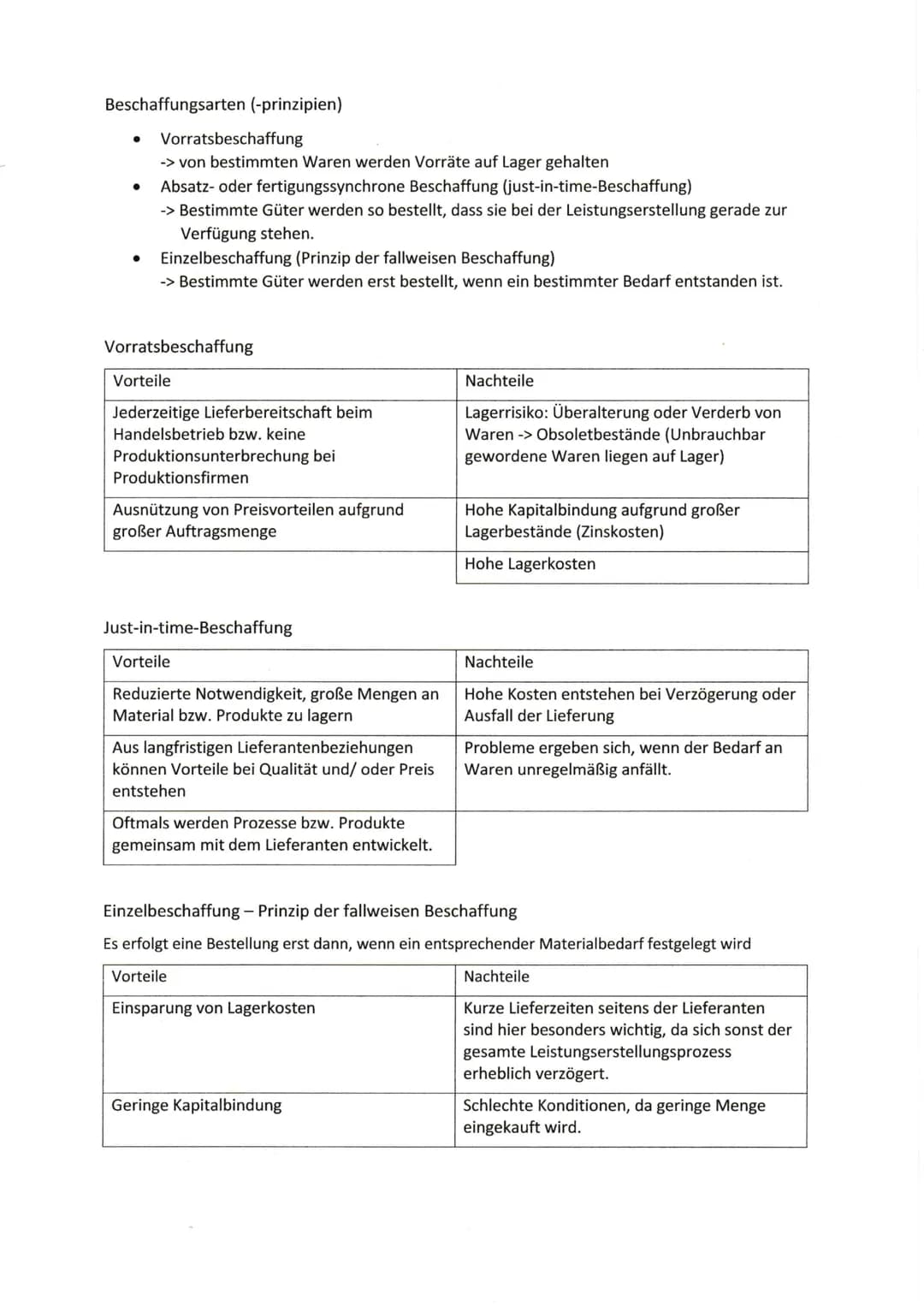 Beschaffungsarten (-prinzipien)
● Vorratsbeschaffung
-> von bestimmten Waren werden Vorräte auf Lager gehalten
Absatz- oder fertigungssynchr