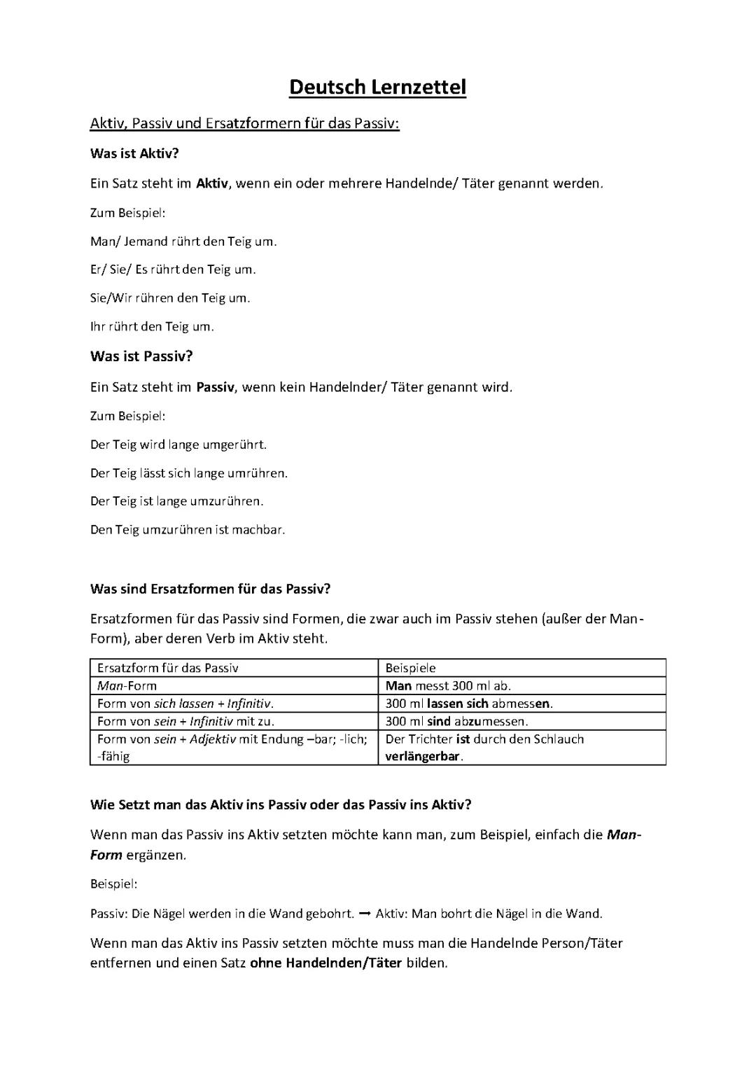 Zeitformen, Aktiv+Passiv, Ersatzformen fürs Passiv, Vorgangsbeschreibung