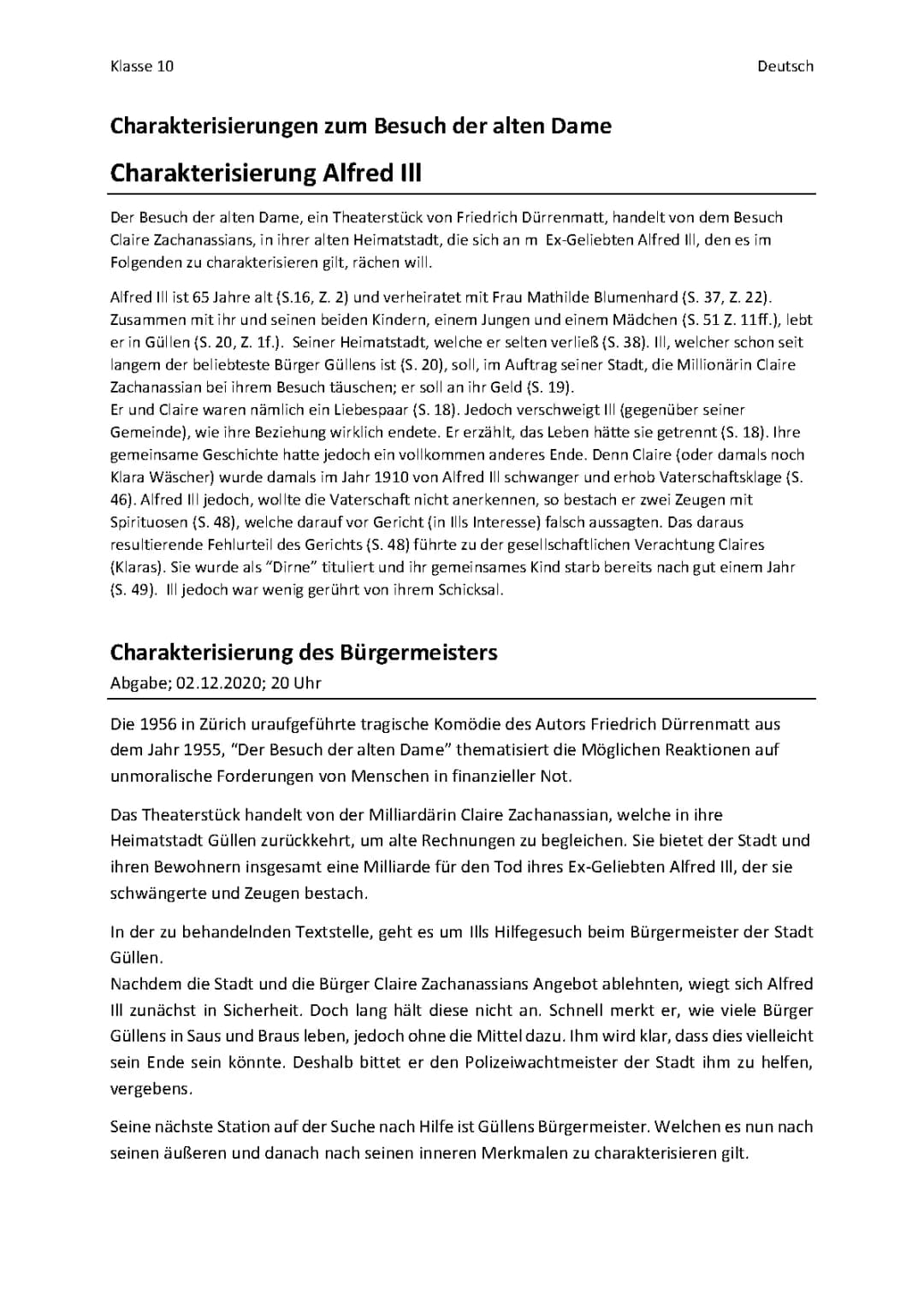 Der Besuch der alten Dame: Alfred Ill Charakterisierung mit Textstellen und Claire Zachanassian Steckbrief
