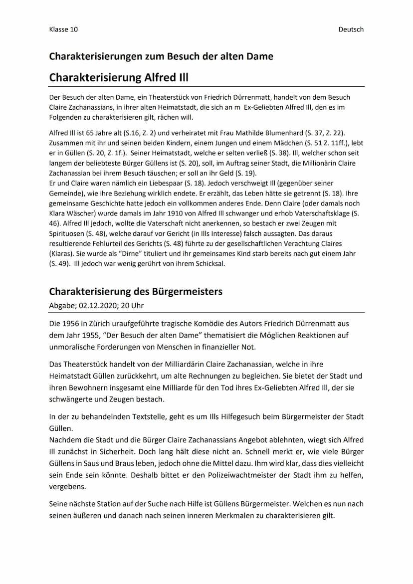 Klasse 10
zum Besuch der alten Dame
Alfred III
Deutsch
Charakterisierungen
Charakterisierung
Der Besuch der alten Dame, ein Theaterstück von