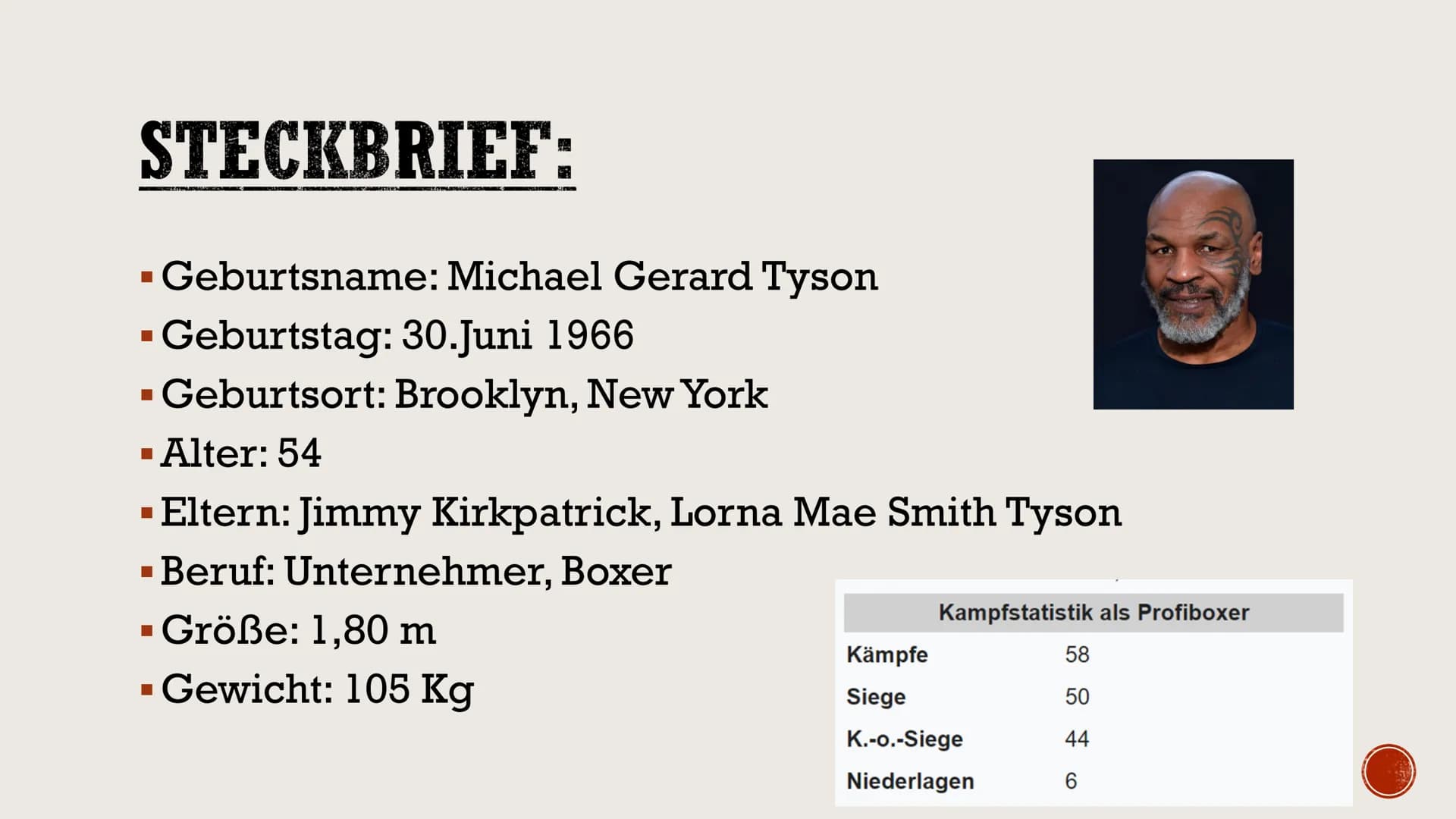 Mike Tyson
-Präsentation- INHALTSVERZEICHNIS:
Steckbrief
▪ Wer ist Mike Tyson?
▪ Familie
▪ Mike Tyson als Kind
Bildung
■
■
▪ Amateurkarriere