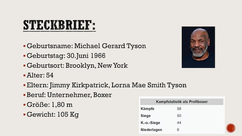 Mike Tyson
-Präsentation- INHALTSVERZEICHNIS:
Steckbrief
▪ Wer ist Mike Tyson?
▪ Familie
▪ Mike Tyson als Kind
Bildung
■
■
▪ Amateurkarriere