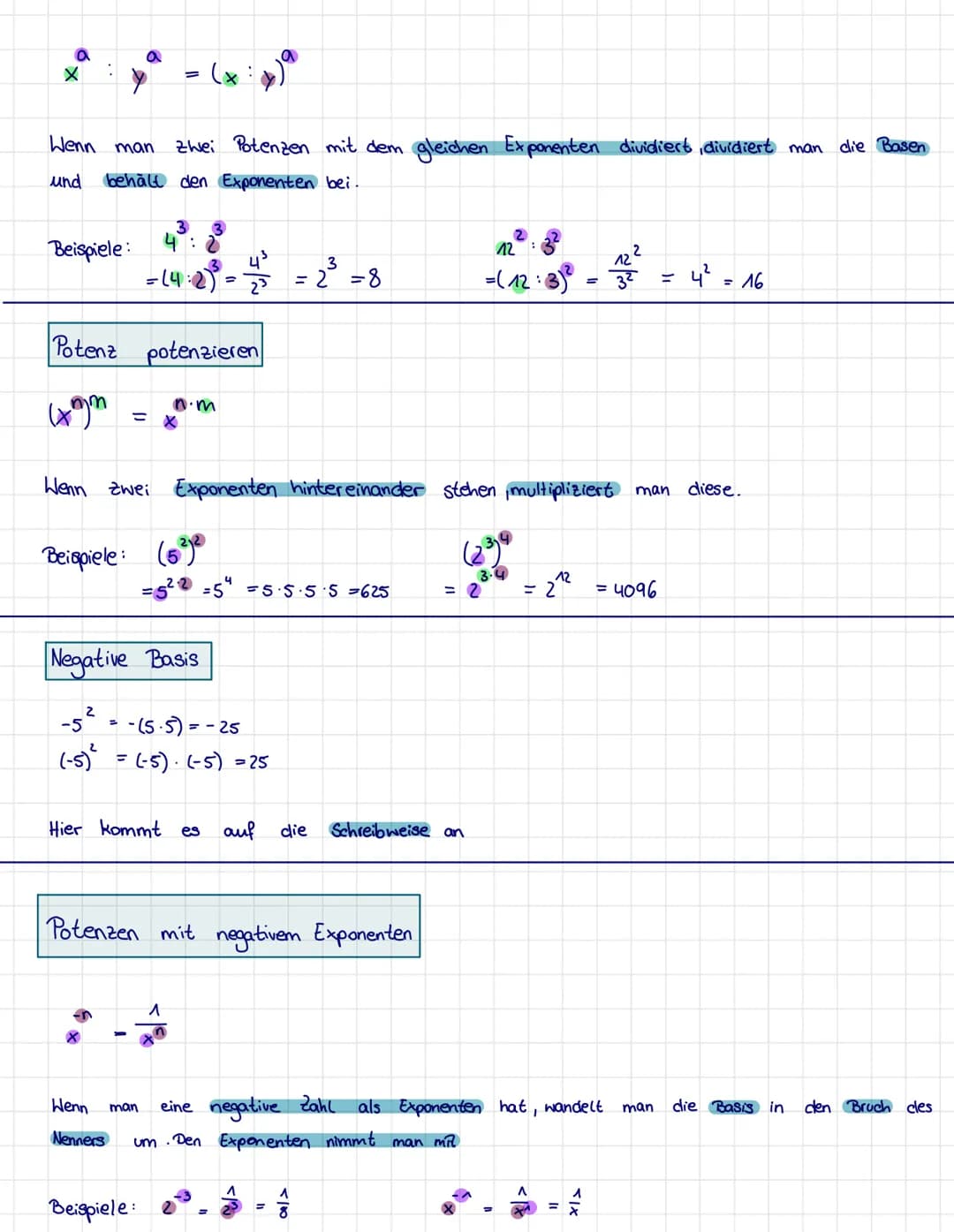POTENZEN
Potenzen mit
b
X X = X
gleicher
Beispiele: 10 1.10
3+2
-
Beispiele:
=
Beispiele:
Wenn zwei Potenzen mit der gleichen Basis multipli
