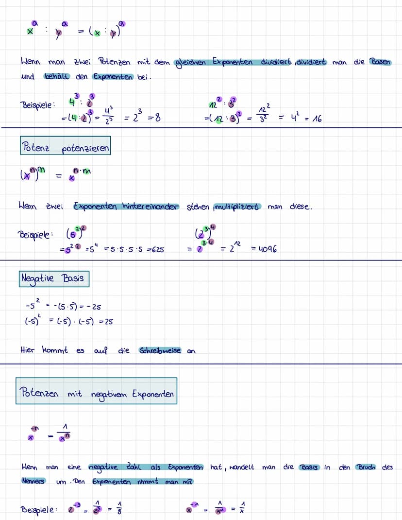 POTENZEN
Potenzen mit
b
X X = X
gleicher
Beispiele: 10 1.10
3+2
-
Beispiele:
=
Beispiele:
Wenn zwei Potenzen mit der gleichen Basis multipli