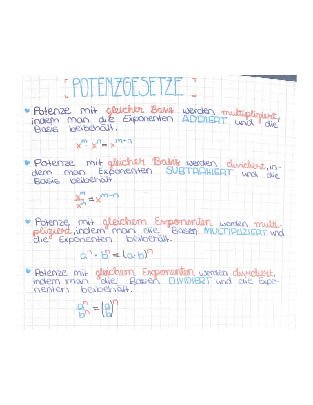 POTENZGESETZE
• Potenze mit gleicher Basis werden multipliziert,
indem man die Exponenten ADDIERT und
Basis beibehalt.
m+n
X X=X
mit gleiche