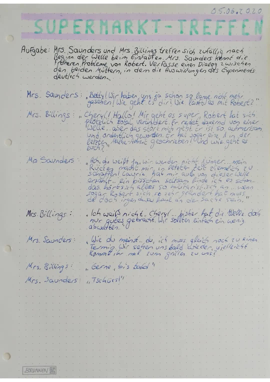 Die Welle - Lesetagebuch PDF: Supermarkt-Treffen mit Mrs. Saunders