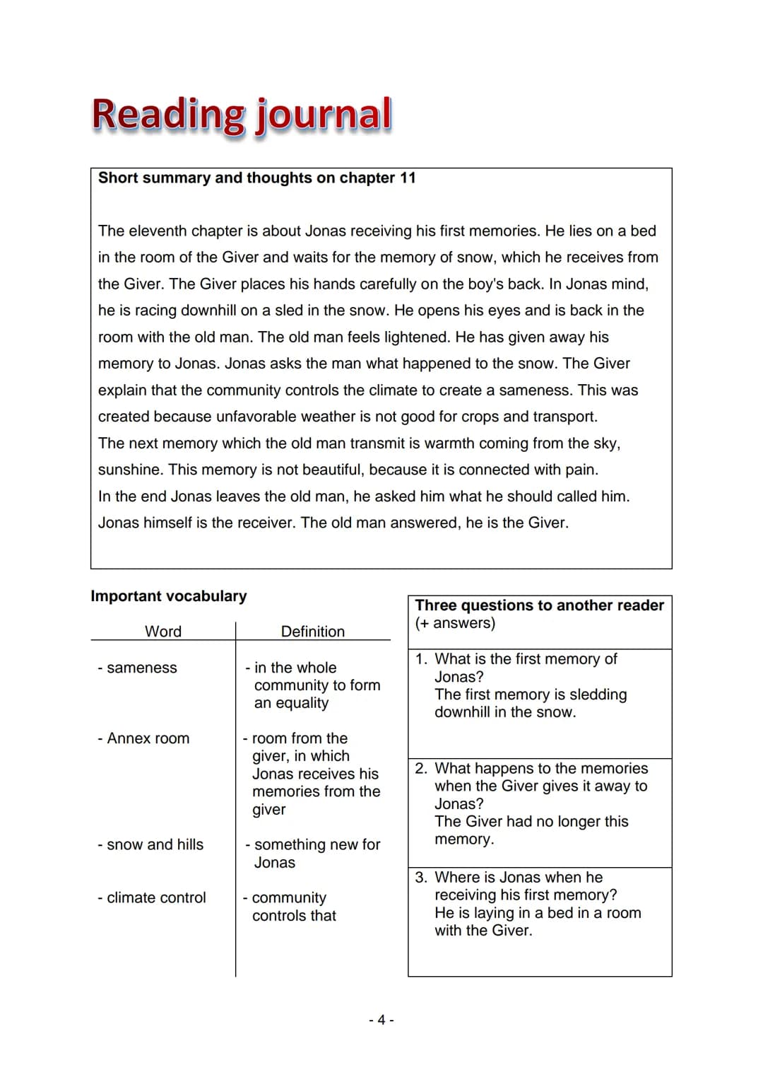 Lois Lowry
The Giver
East English Editions
Klett Table of contents
Reading journal chapter 1
Reading journal chapter 4
Reading journal chapt