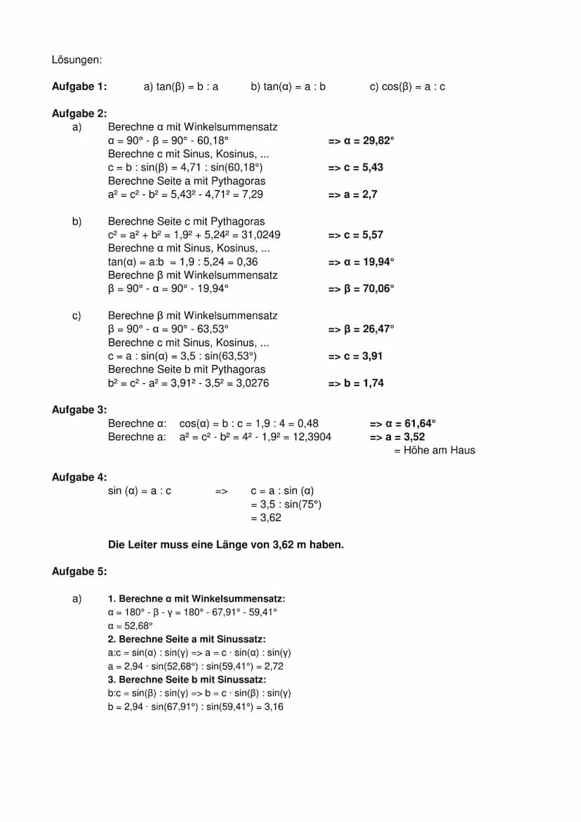 Aufgabe 1: Fülle die Lücken aus
a
b
α
b
α
Klassenarbeitstrainer Trigonometrie
с
Aufgabe 2: Berechnungen im rechtwinkligen Dreieck
Gegeben is