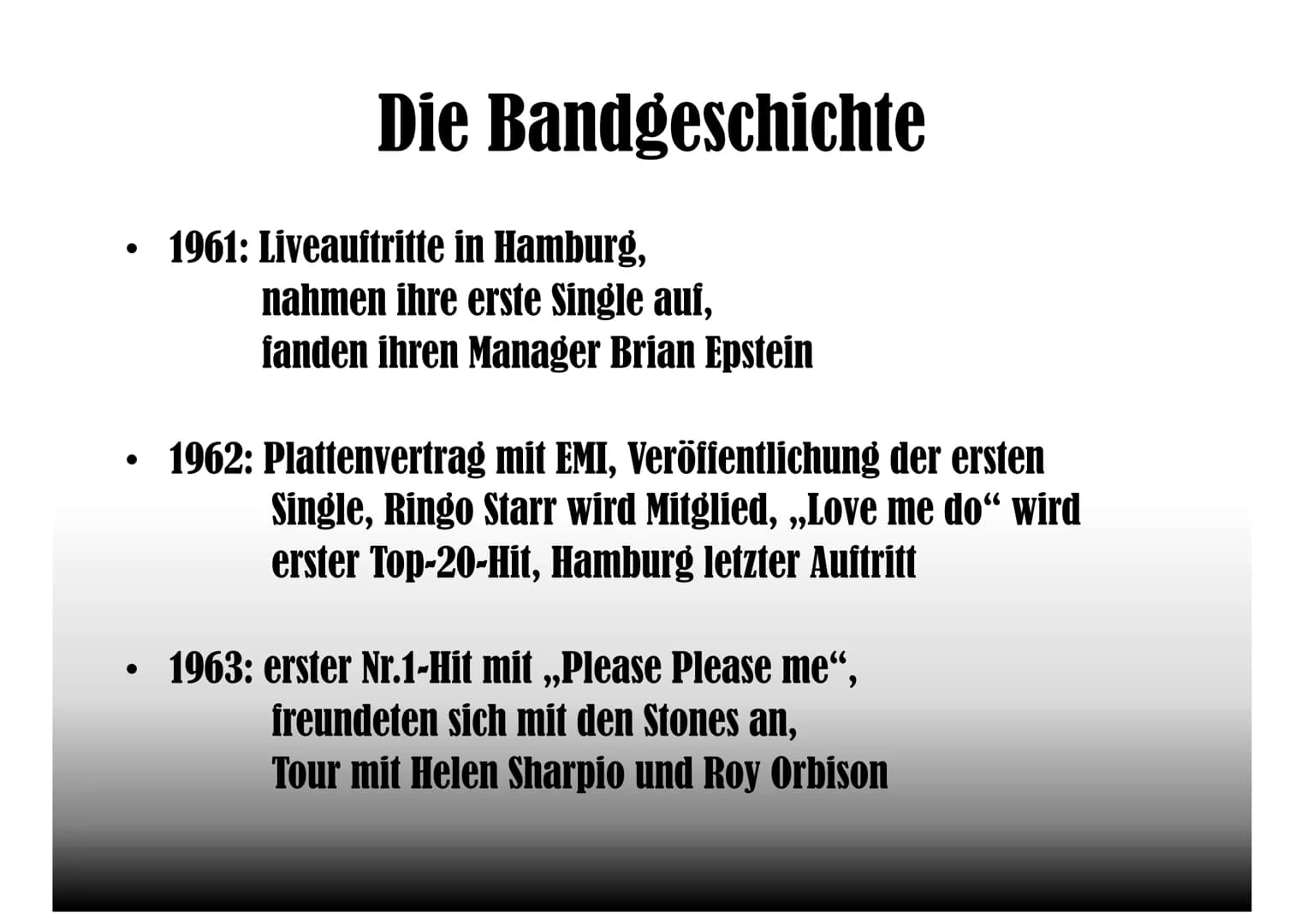 
<p>Die Bandmitglieder der Beatles waren John Lennon, Paul McCartney, George Harrison und Ringo Starr. Jedes Mitglied spielte ein Instrument