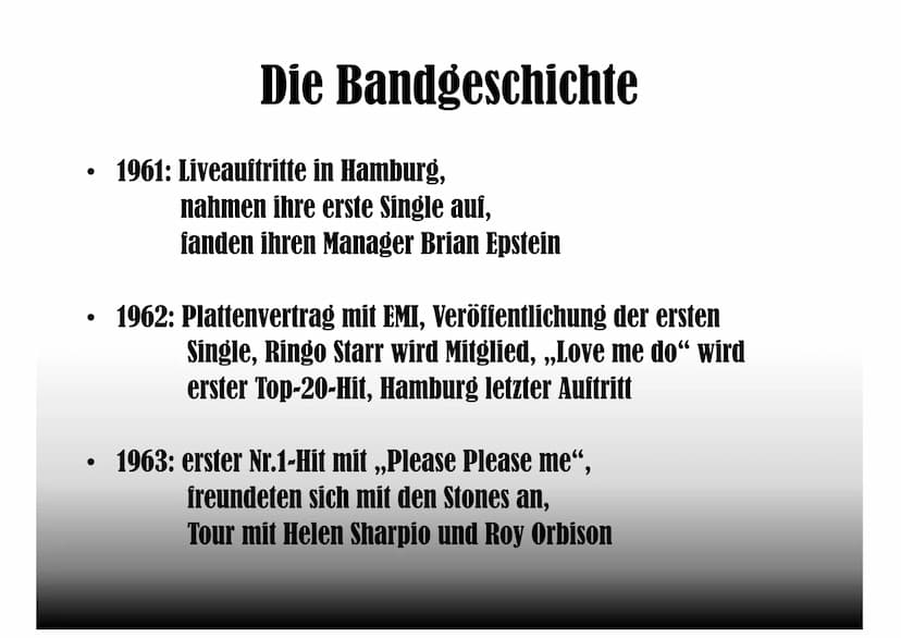
<p>Die Bandmitglieder der Beatles waren John Lennon, Paul McCartney, George Harrison und Ringo Starr. Jedes Mitglied spielte ein Instrument