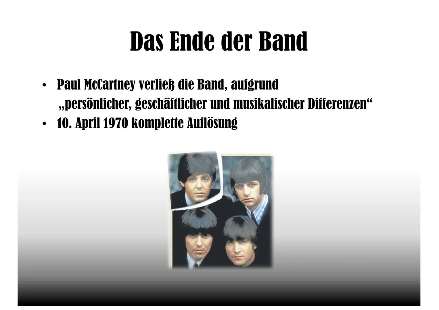 
<p>Die Bandmitglieder der Beatles waren John Lennon, Paul McCartney, George Harrison und Ringo Starr. Jedes Mitglied spielte ein Instrument