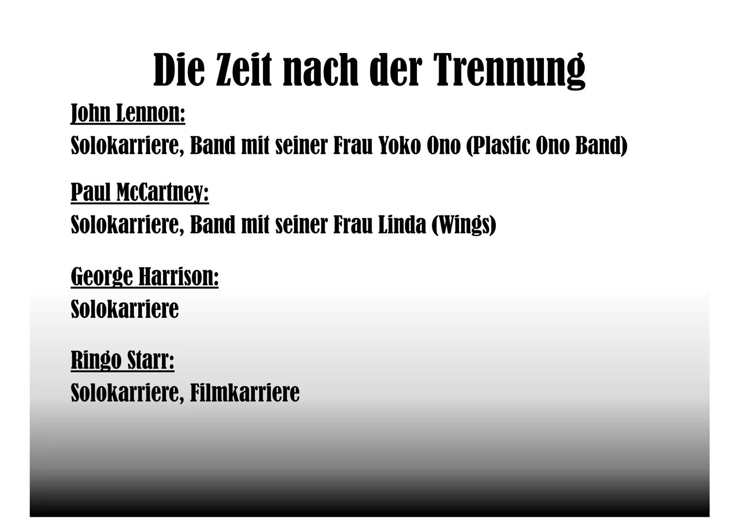 
<p>Die Bandmitglieder der Beatles waren John Lennon, Paul McCartney, George Harrison und Ringo Starr. Jedes Mitglied spielte ein Instrument