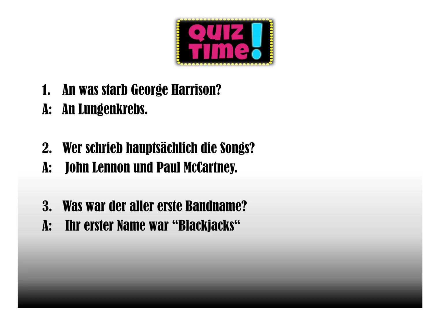 
<p>Die Bandmitglieder der Beatles waren John Lennon, Paul McCartney, George Harrison und Ringo Starr. Jedes Mitglied spielte ein Instrument