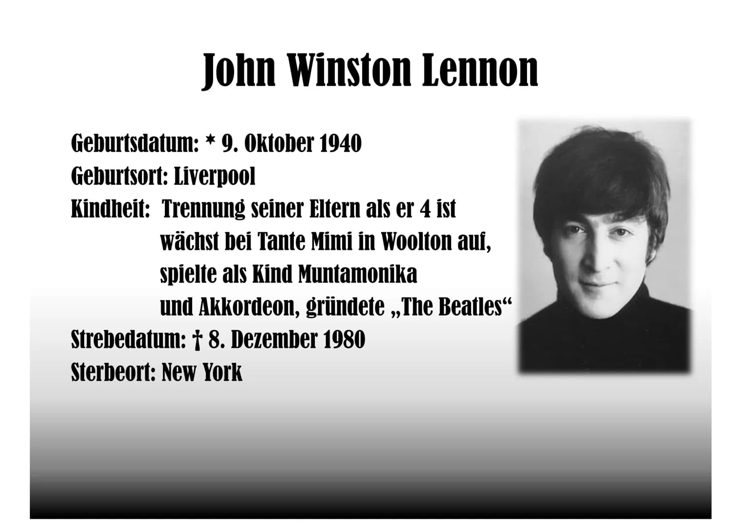 
<p>Die Bandmitglieder der Beatles waren John Lennon, Paul McCartney, George Harrison und Ringo Starr. Jedes Mitglied spielte ein Instrument