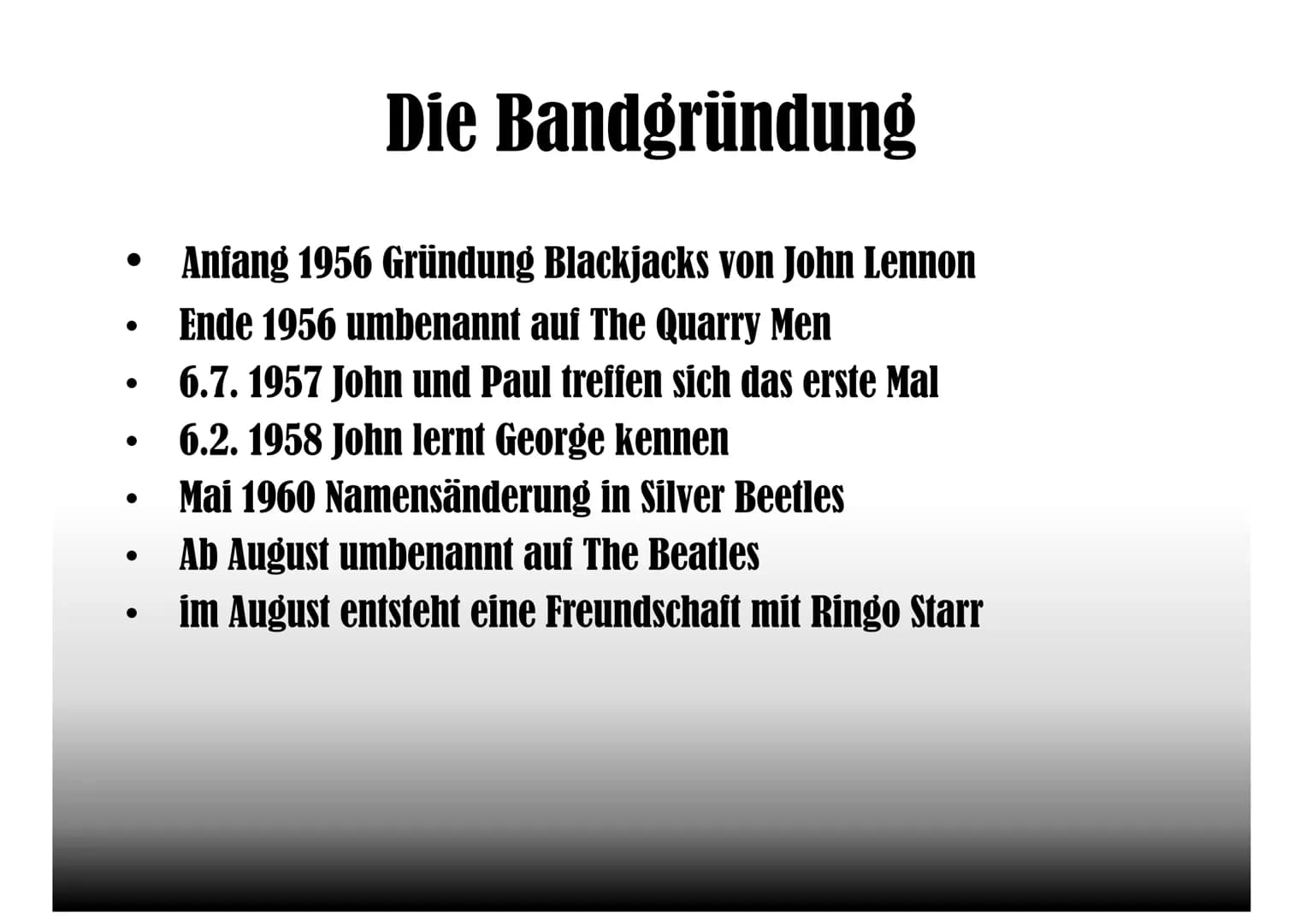 
<p>Die Bandmitglieder der Beatles waren John Lennon, Paul McCartney, George Harrison und Ringo Starr. Jedes Mitglied spielte ein Instrument