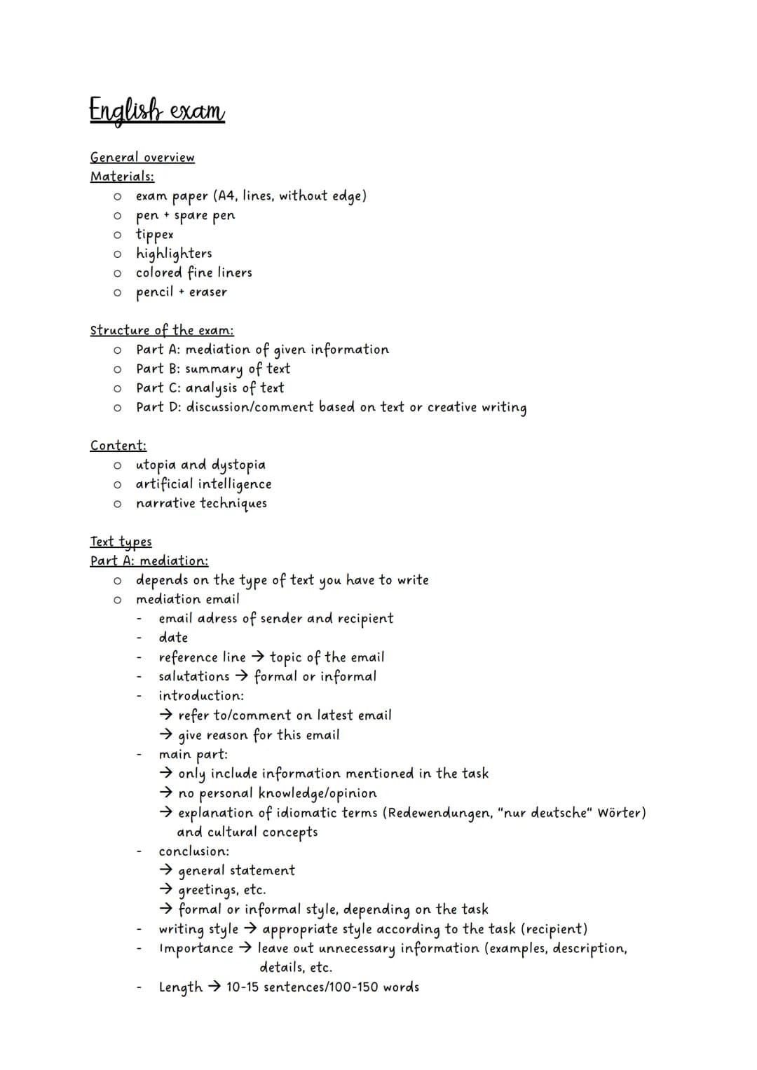 English exam
General overview
Materials:
O exam paper (A4, lines, without edge)
。 pen + spare pen
o tippex
o highlighters
O colored fine lin