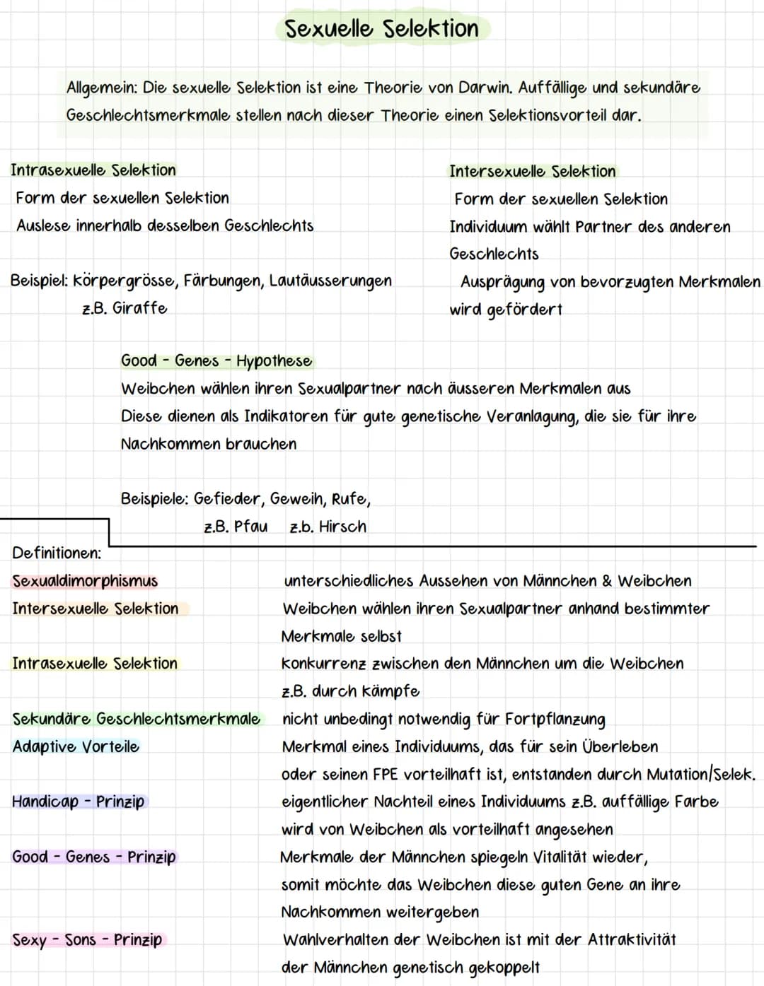 Allgemein: Die sexuelle Selektion ist eine Theorie von Darwin. Auffällige und sekundäre
Geschlechtsmerkmale stellen nach dieser Theorie eine