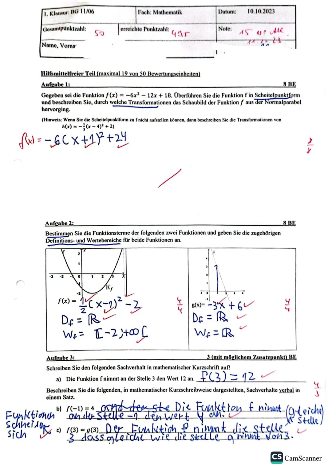 Linear und Quadratische Funktionen Klausur