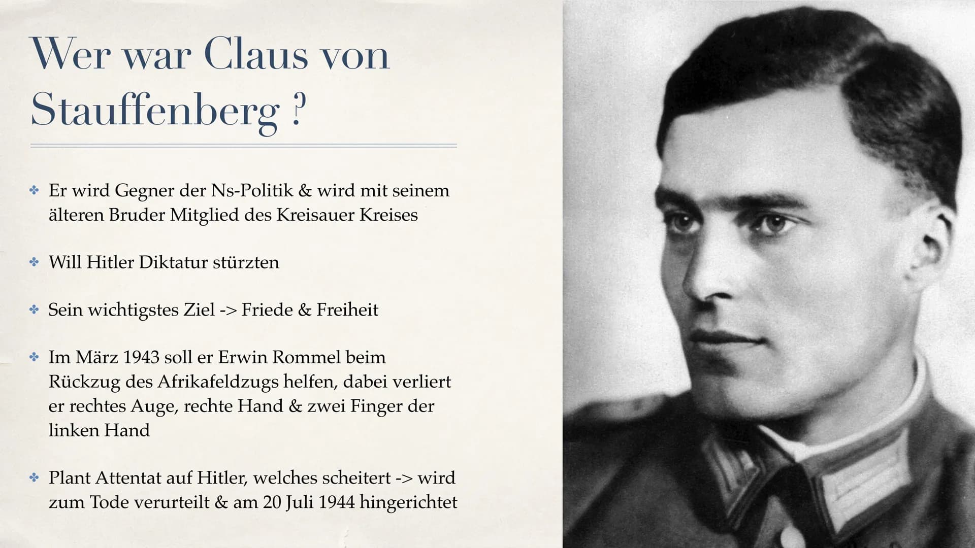 Attentat auf Adolf Hitler
20 juli 1944
Clara Benz Ersatzleistung Q2 Gliederung
* Politische Lage / Vorgeschichte
* Wer war Claus von Stauffe