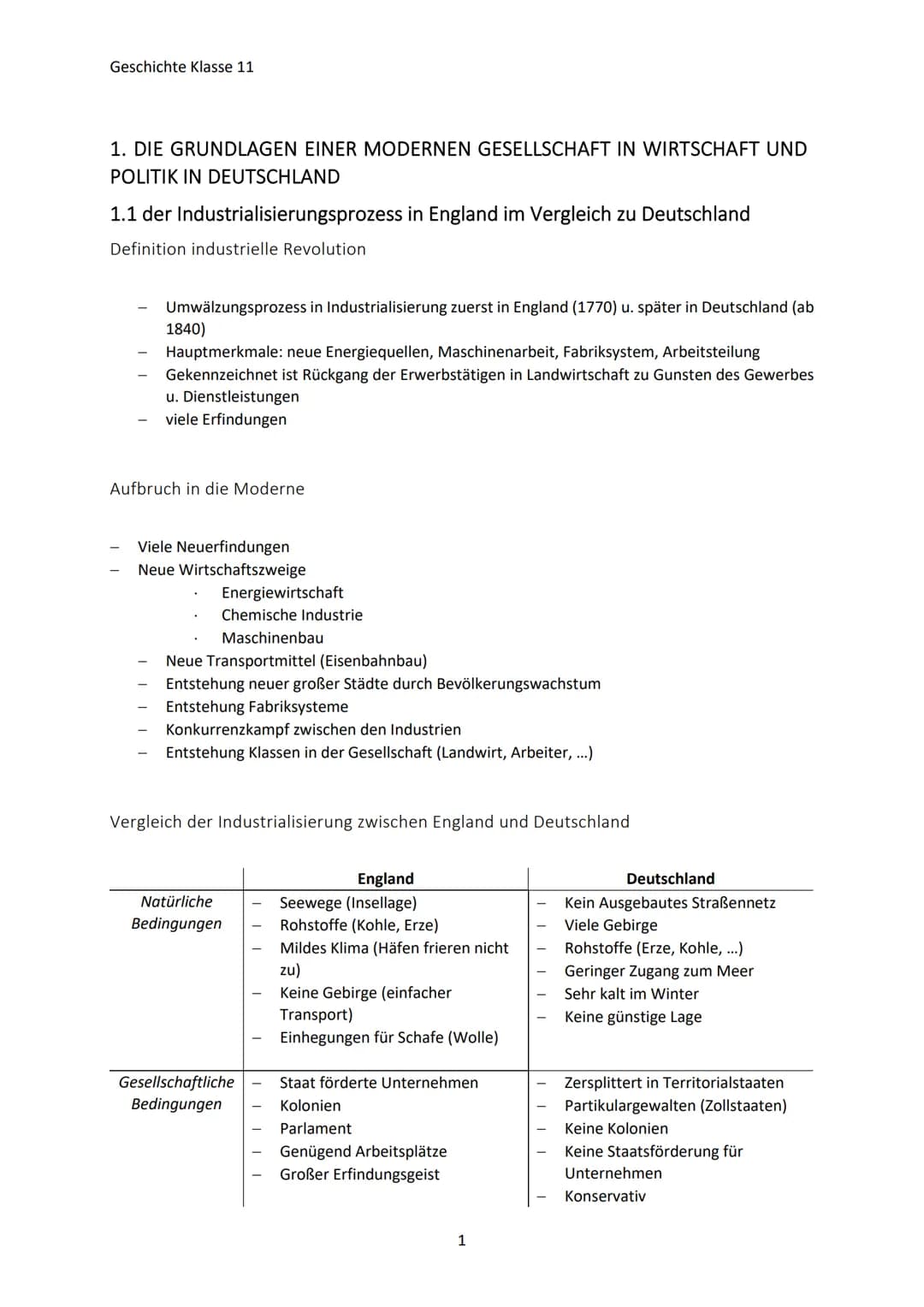 Geschichte Klasse 11
1. DIE GRUNDLAGEN EINER MODERNEN GESELLSCHAFT IN WIRTSCHAFT UND
POLITIK IN DEUTSCHLAND
1.1 der Industrialisierungsproze