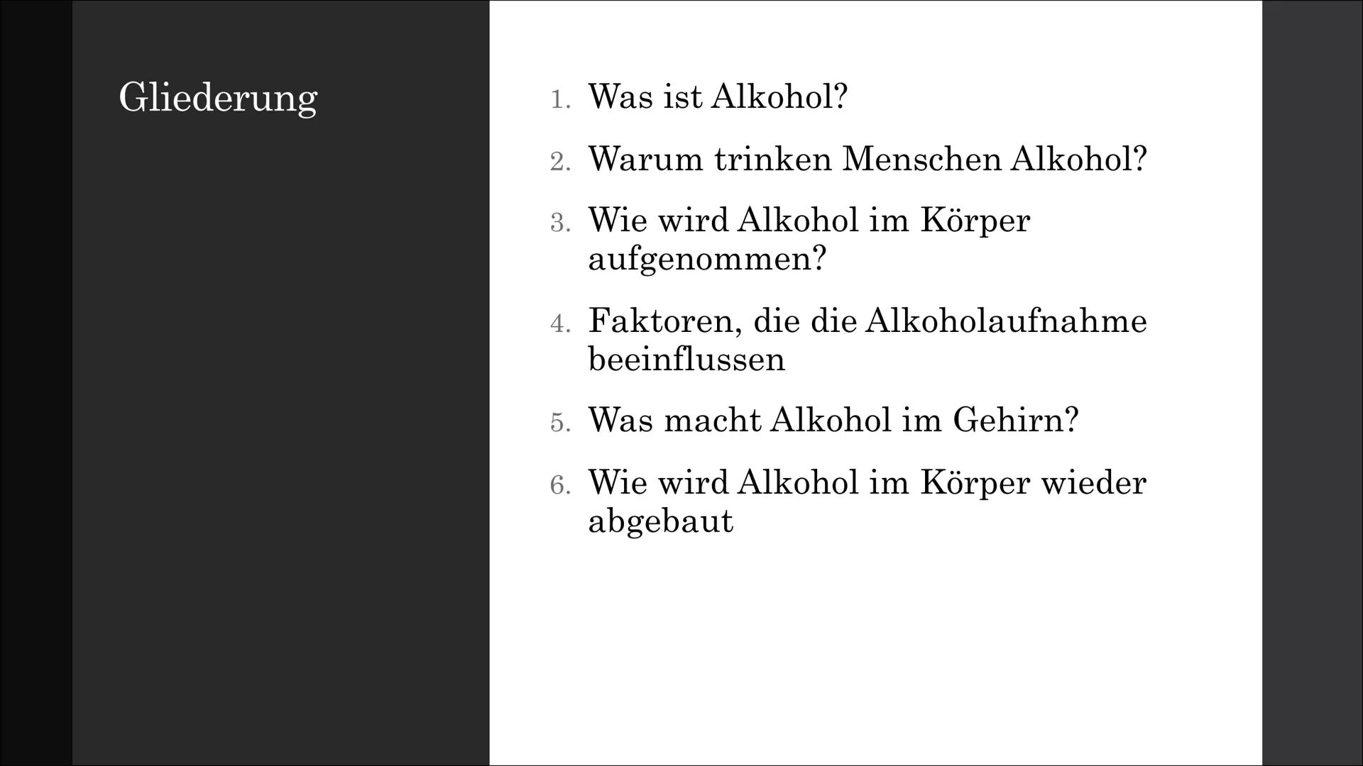 ALCOHOL
Wirkungen des
Alkohols auf
den
menschlichen
Körper
Wie gefährlich kann es sein? Gliederung
1. Was ist Alkohol?
2. Warum trinken Mens