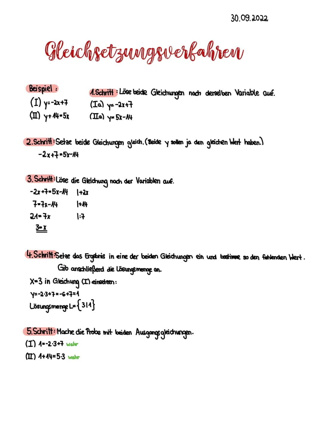 Gleichsetzungsverfahren
Beispiel:
(I) y=-2x+7
(II) y+14-5x
1.Schritt: Löse beide Gleichungen nach derselben Variable auf.
(Ia) y=-2x+7
(IIa)
