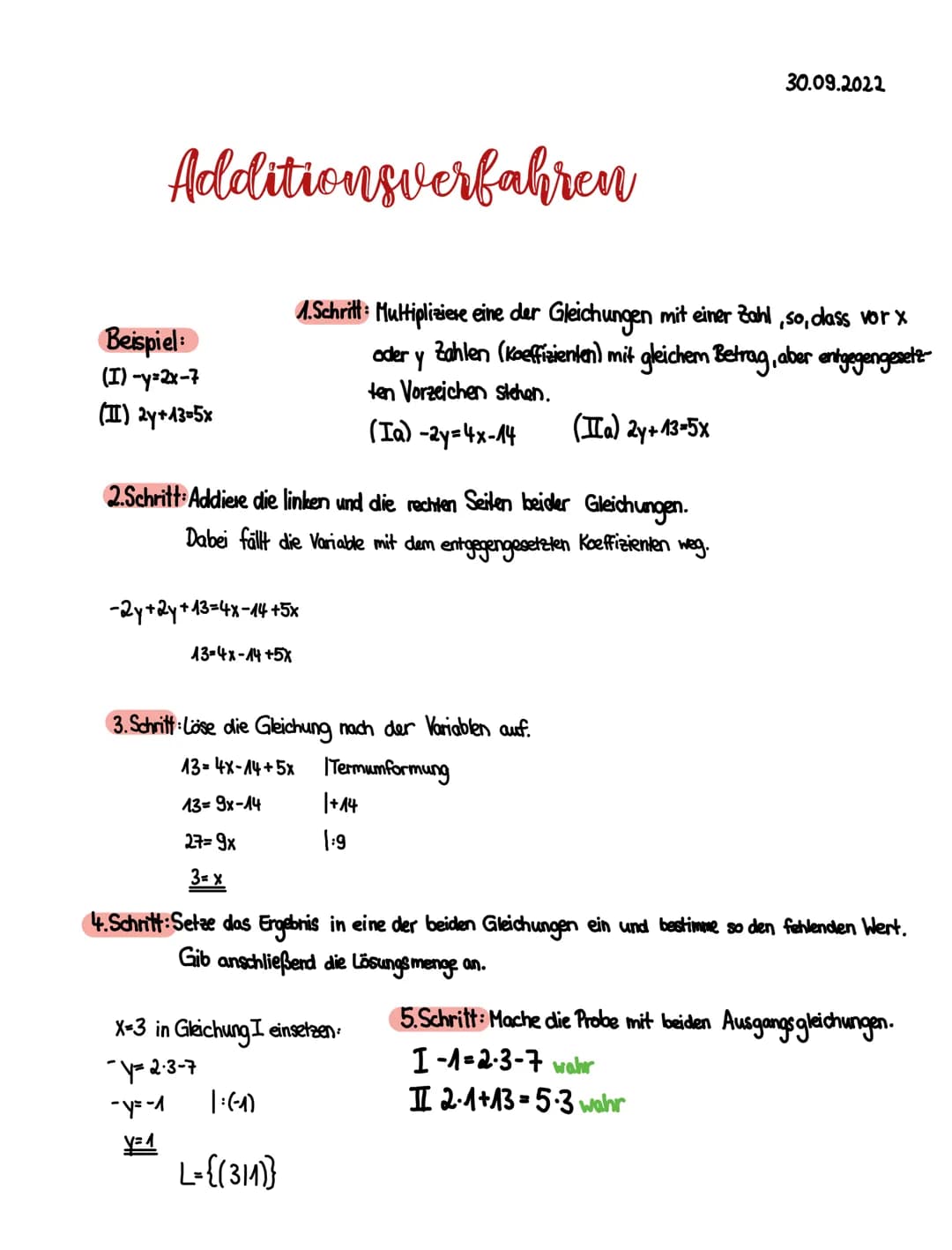 Gleichsetzungsverfahren
Beispiel:
(I) y=-2x+7
(II) y+14-5x
1.Schritt: Löse beide Gleichungen nach derselben Variable auf.
(Ia) y=-2x+7
(IIa)